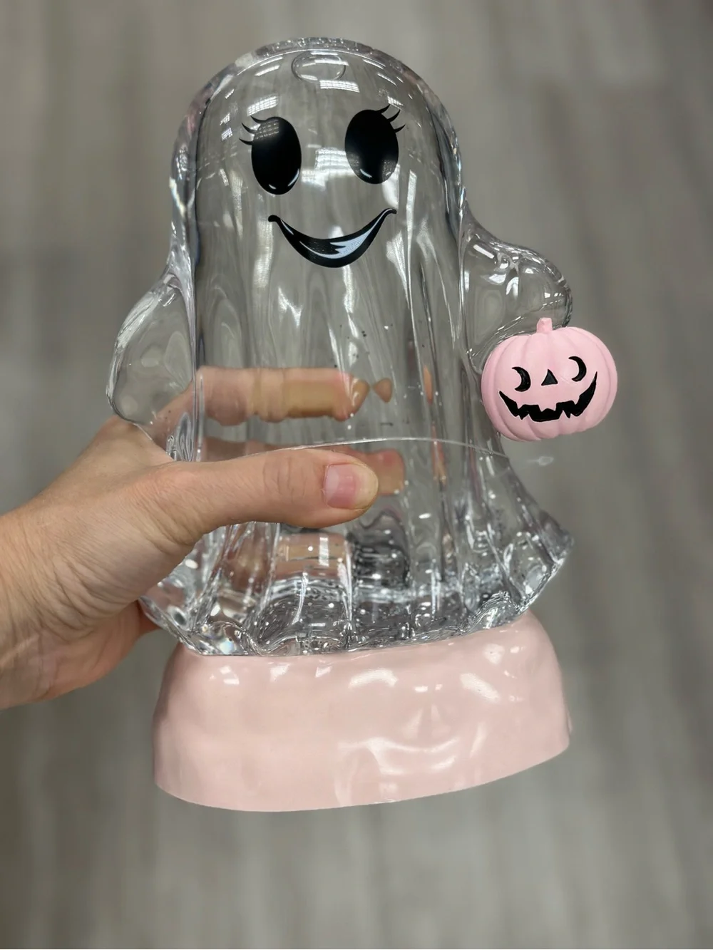 Clear Glass Ghost Accent with Pink Base and Pumpkin light up